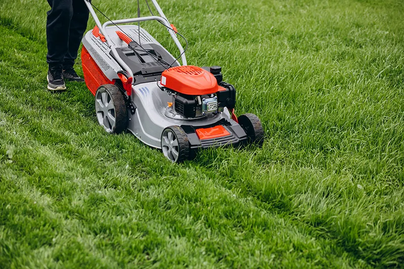 man cutting grass with lawn mover backyard