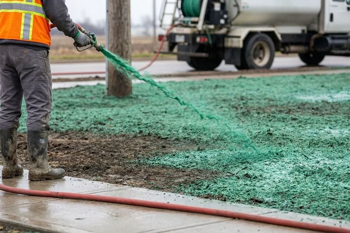Hydroseed mulch being sprayed onto bare soil - hydroseeding in Moses Lake, WA