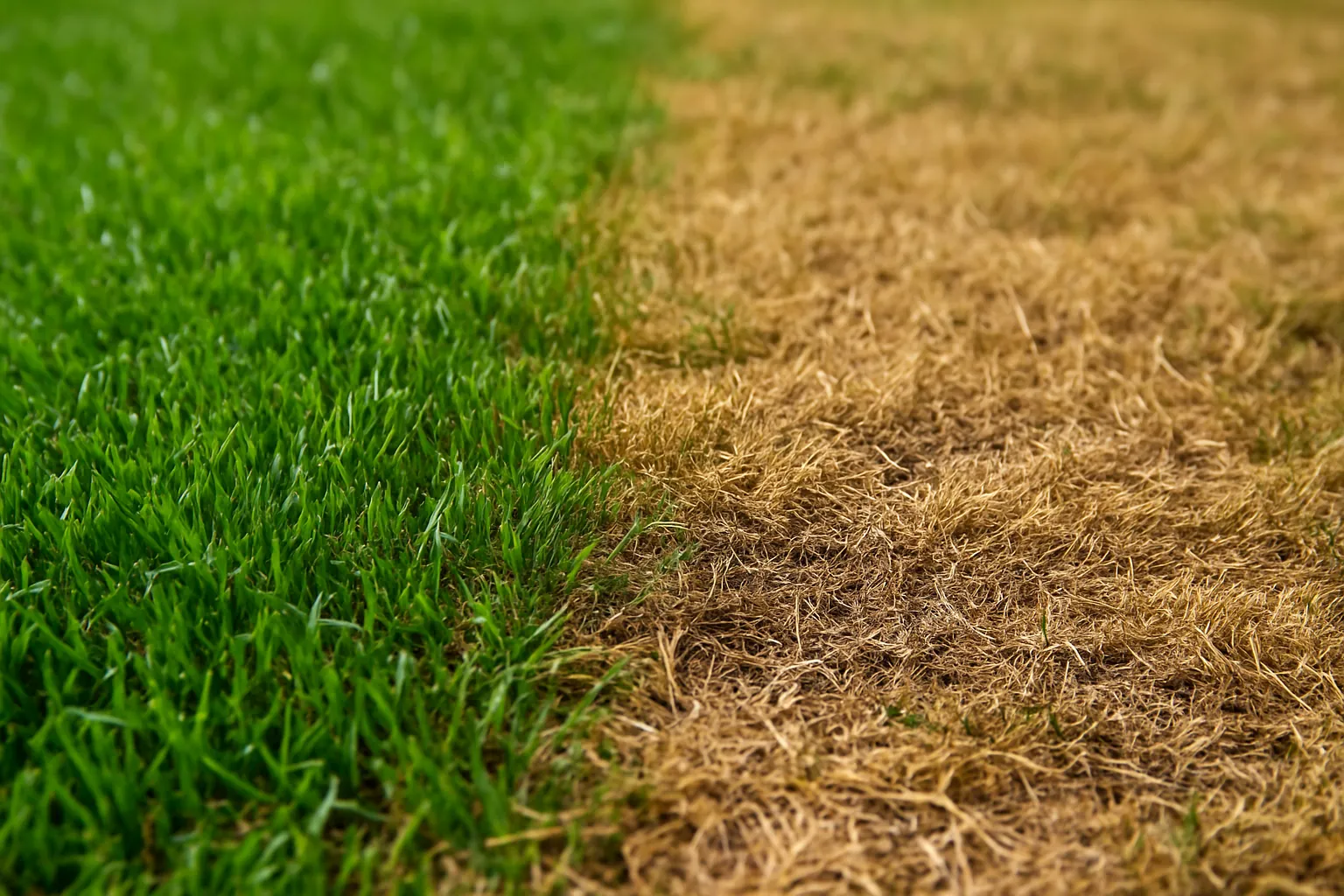 Healthy green grass next to a dry brown patch - why lawns turn brown in Moses Lake, WA