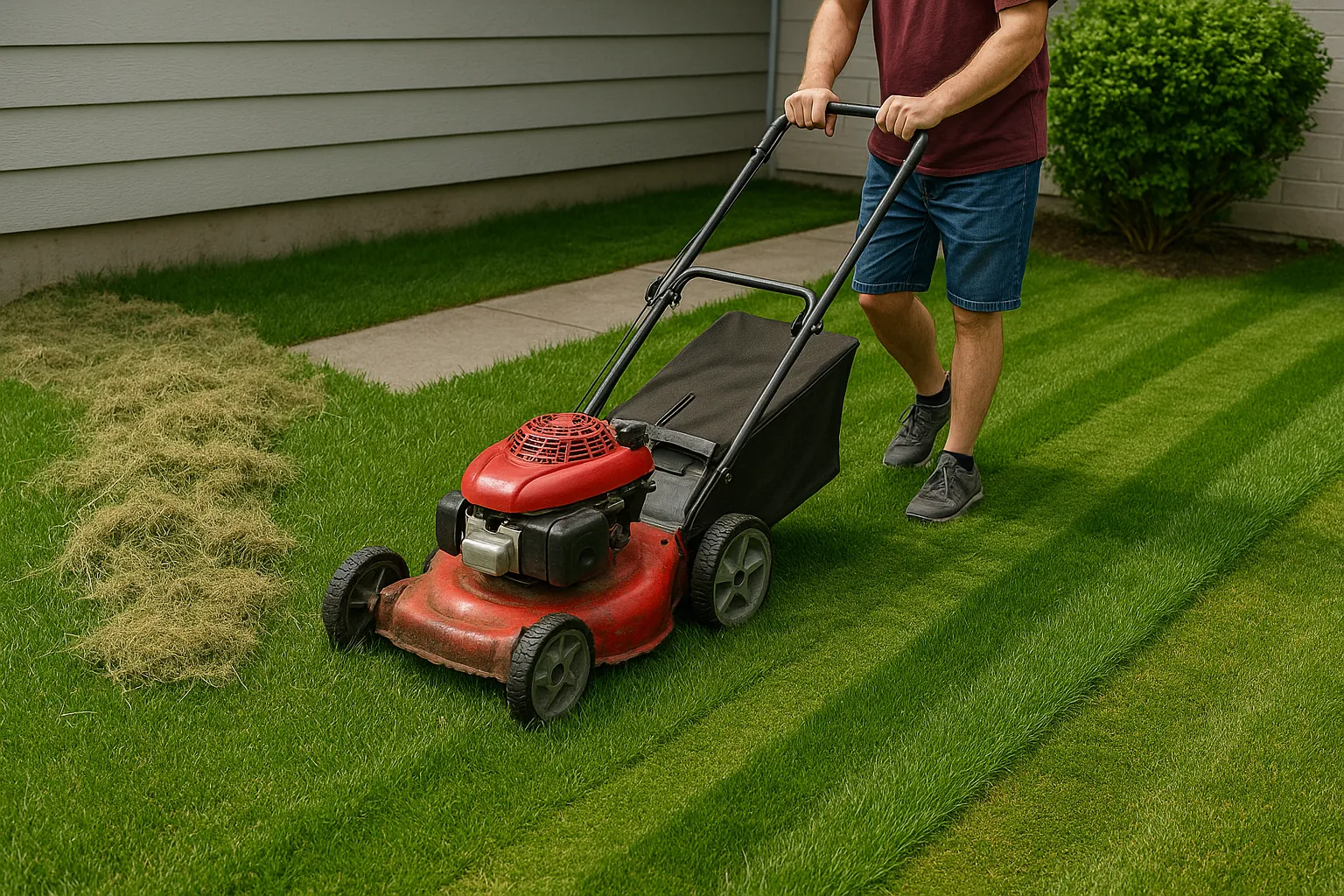 Man mowing a striped lawn with a push mower - lawn mowing mistakes to avoid