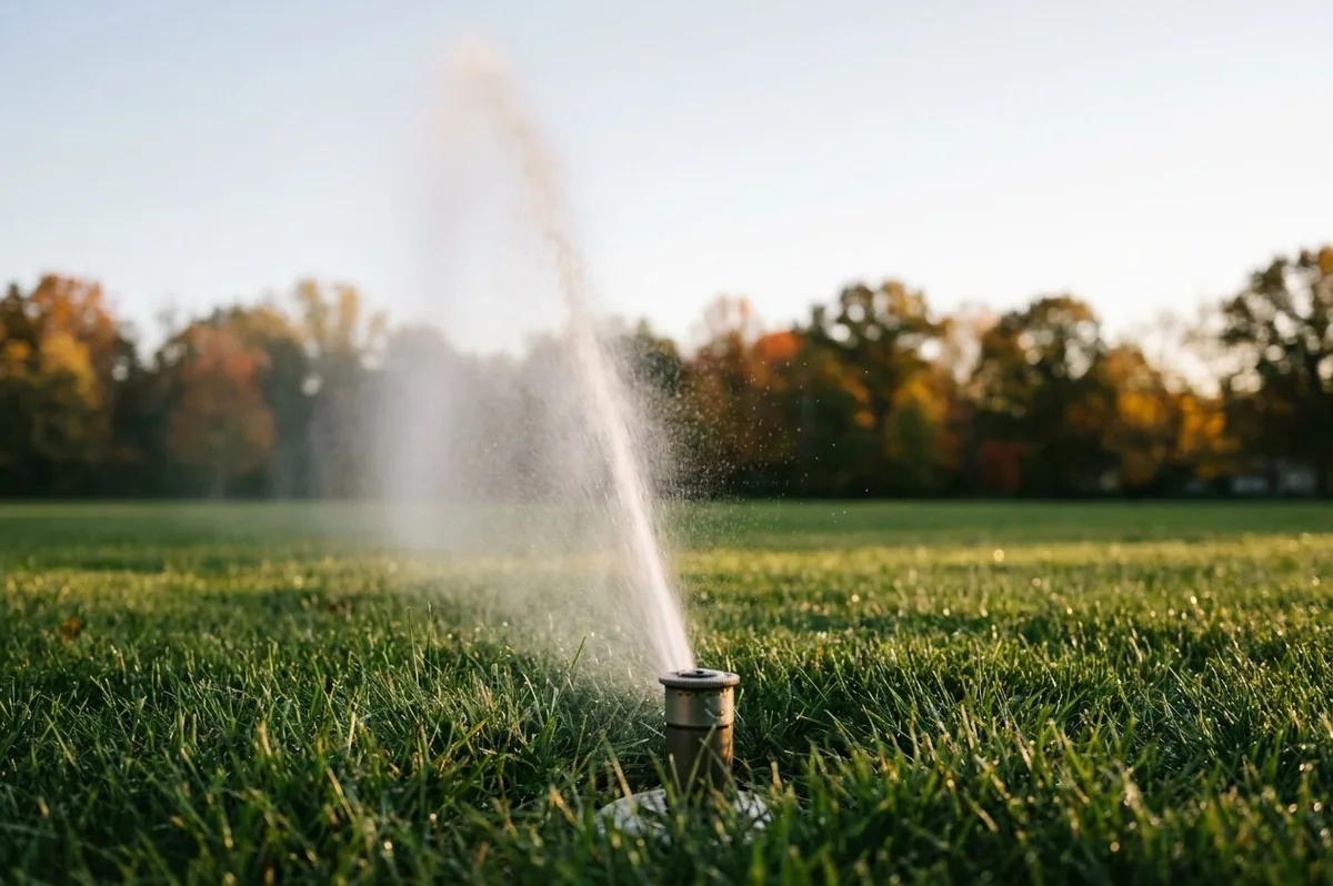 Sprinkler head blowing out water during irrigation winterization in Moses Lake, WA