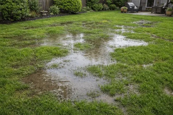 Puddles on a waterlogged lawn - signs of overwatering in Moses Lake, WA